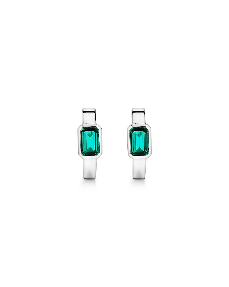 Created Emerald Bezel Huggie Earrings in 10kt White Gold