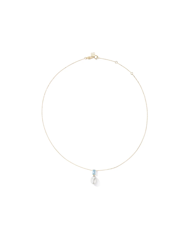 Aquamarine and Cultured Freshwater Pearl Drop Necklace in 10kt Yellow Gold