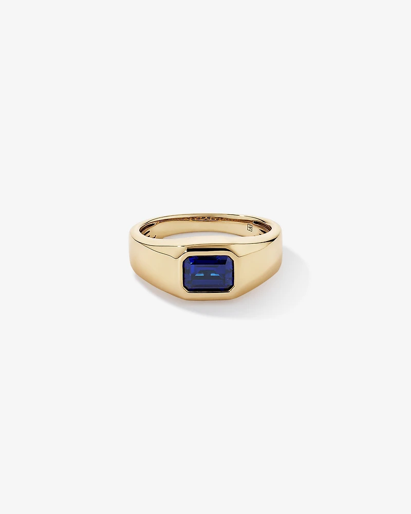 Bezel Set Created Blue Sapphire Solitaire Men's Ring 10kt Yellow Gold