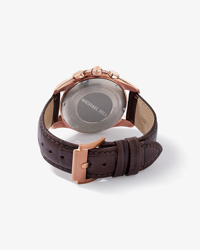 Montre chronographe pour homme en acier inoxydable rose et cuir marron