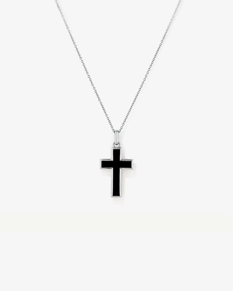 Onyx Cross Pendant in Silver with 65cm Cable Chain