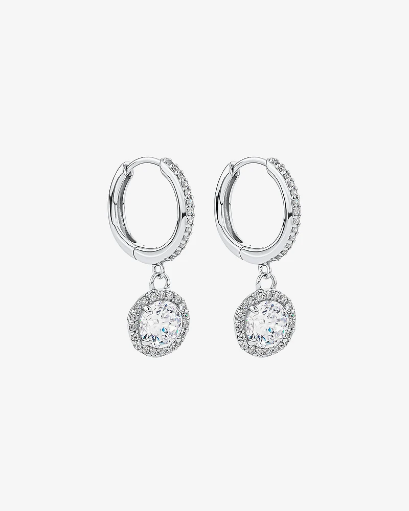 Round Brilliant Cubic Zirconia Halo Drop Hoop Earrings in Sterling Silver