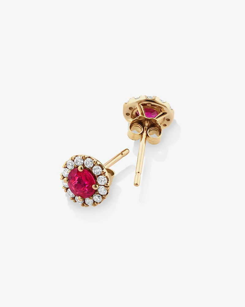 Halo Stud Earrings with Natural Ruby & 0.28 Carat TW of Diamonds in 10kt Yellow Gold