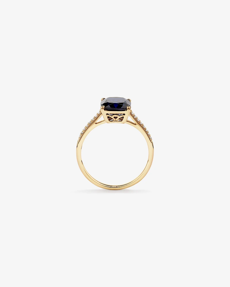 Cushion Cut Blue Created Sapphire Gemstone and Diamond Ring in 10kt Yellow Gold