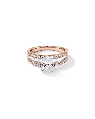 Bague en or rose et blanc 14 carats, sertie de diamants ovales baguettes synthèse d'un poids total 2,21 carats