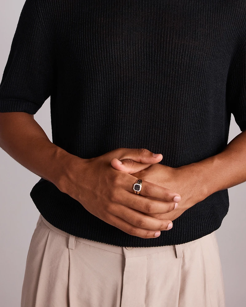 0.75 Carat TW Two-Tone Black and White Diamond Pave Men's Signet Ring in 10kt Yellow Gold