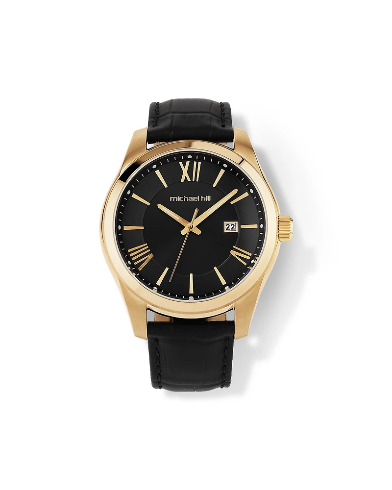 Men's Watch in Stainless Steel, Gold Tone & Black Leather