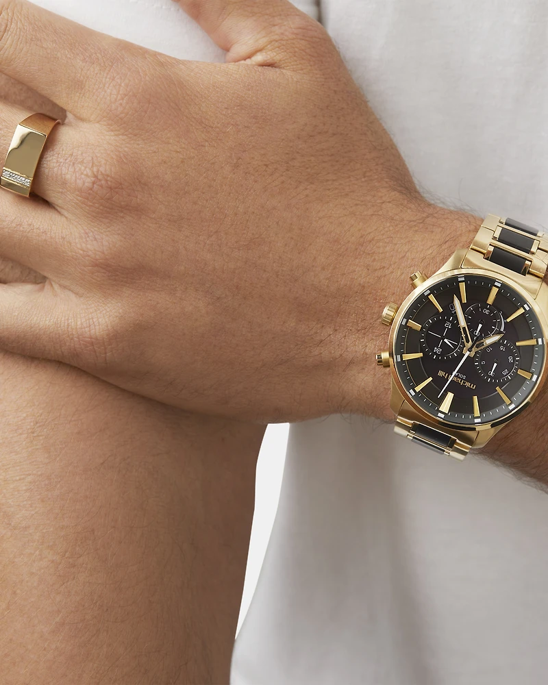 Montre à énergie solaire en acier inoxydable doré et noir pour homme