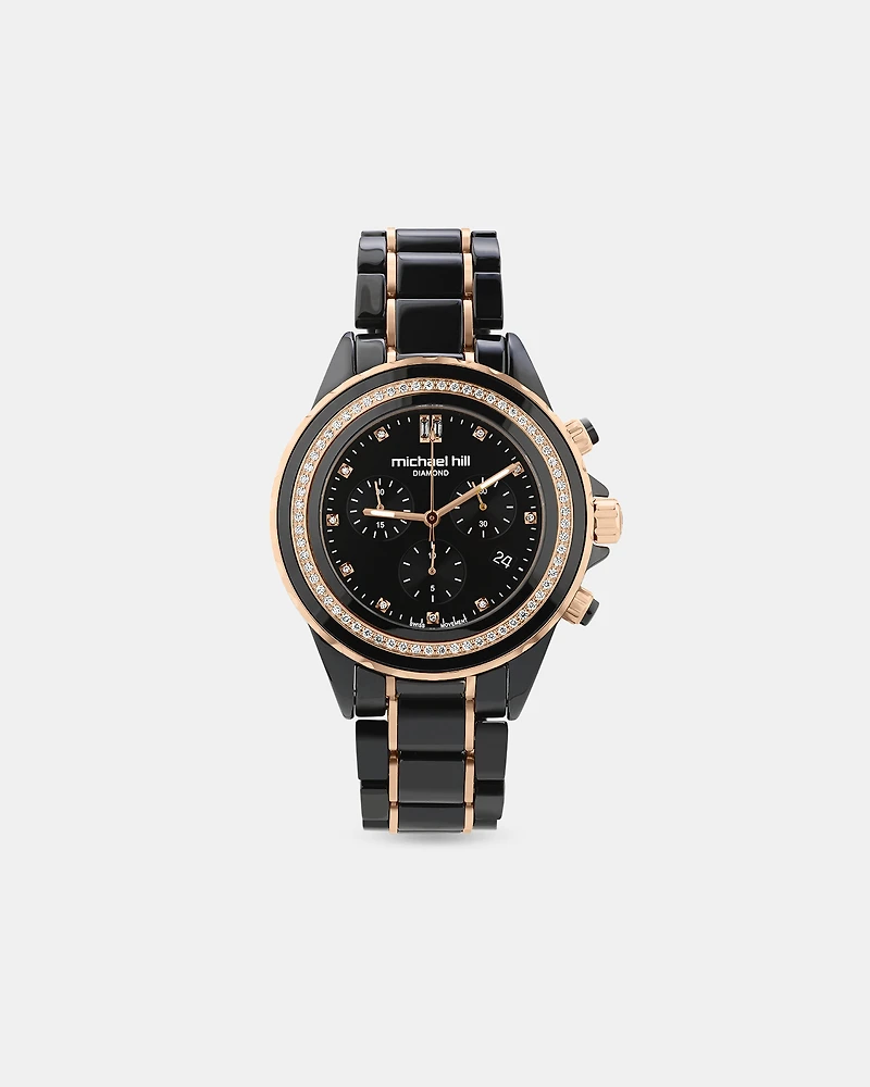 Chronograph Watch with 0.50 Carat TW of Diamonds Black Ceramic & Rose Tone Stainless Steel