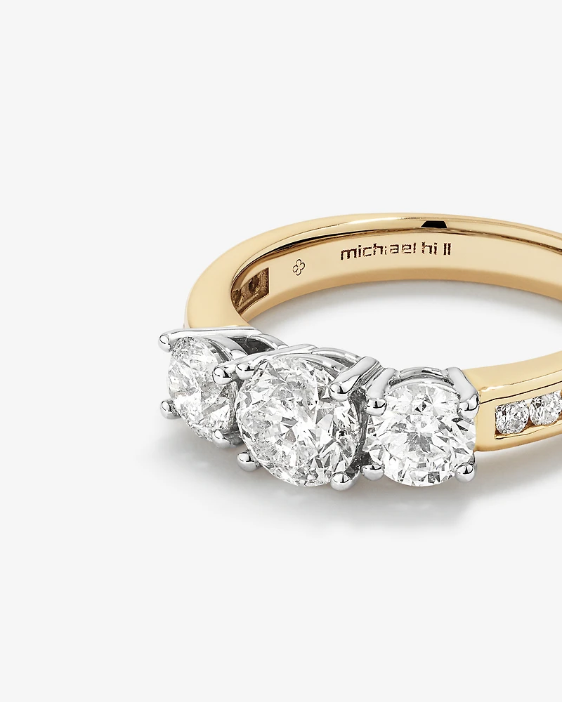 Bague de fiançailles à trois pierres en diamant taille brillant rond de 2,00 carat en or jaune et blanc 14 carats