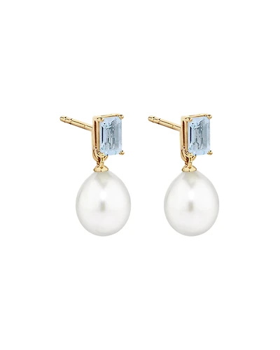 Multi-Wear Aquamarine and Cultured Freshwater Pearl Drop Stud Earrings in 10kt Yellow Gold
