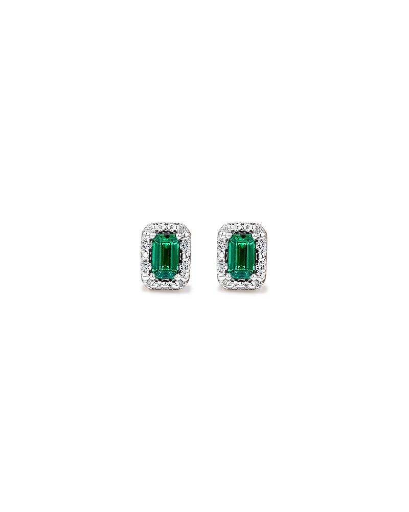 Created Emerald & 0.10 Carat TW Laboratory-Grown Diamond Halo Ring in 10kt Rose Gold and Rhodium