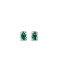 Created Emerald & 0.10 Carat TW Laboratory-Grown Diamond Halo Ring in 10kt Rose Gold and Rhodium