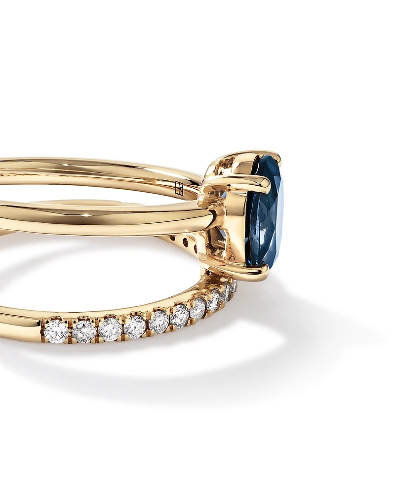 London Blue Topaz Double Band Ring with 0.25 Carat TWof  Diamonds in 10kt Yellow Gold