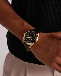 Montre pour hommes en acier inoxydable, ton or et cuir noir