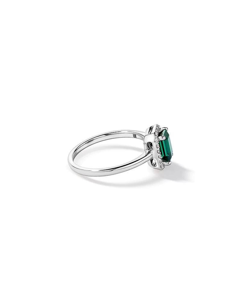 Created Emerald & 0.10TW Laboratory-Grown Diamond Halo Ring 10kt Yellow Gold and Rhodium