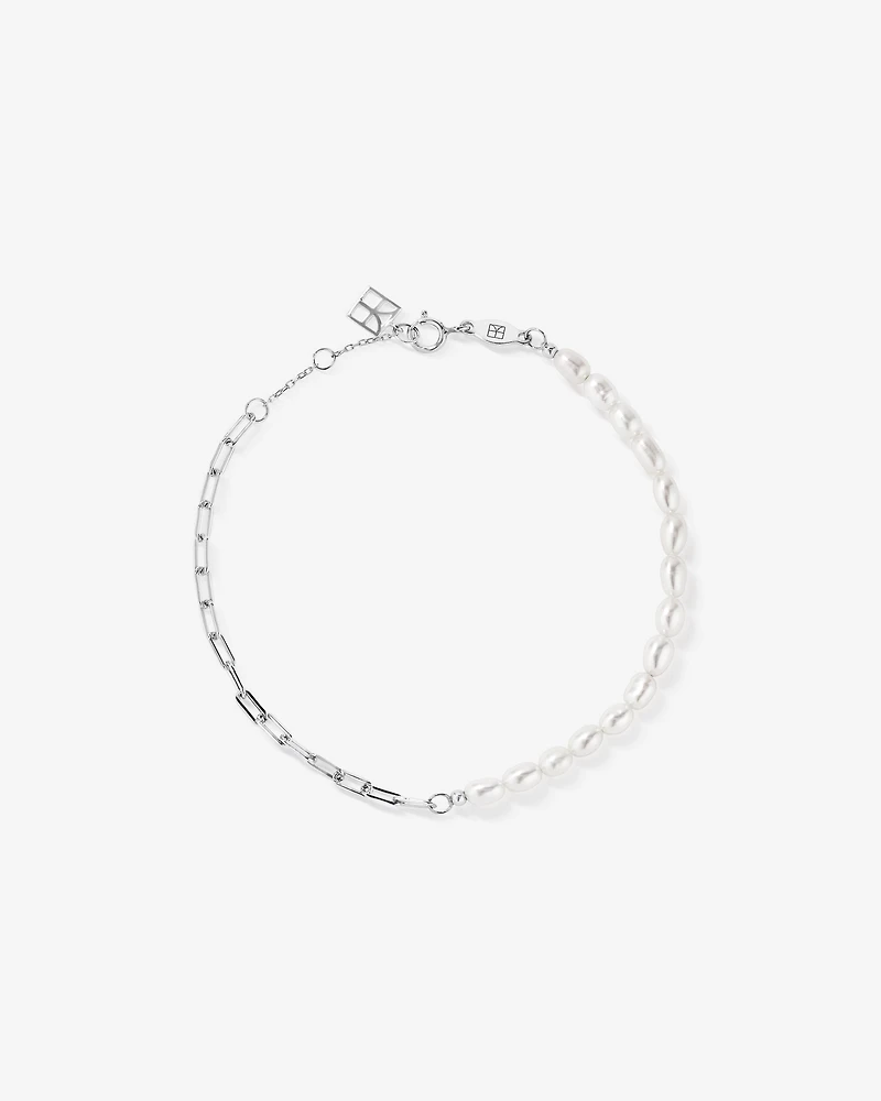 Half Cultured Freshwater Pearl Half Paperclip Chain Bracelet in Sterling Silver