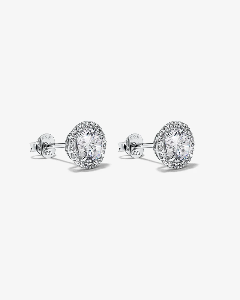 Boucles d'Oreilles Clous Halo en Zircon Cubique Rond Brillant en Argent Sterling