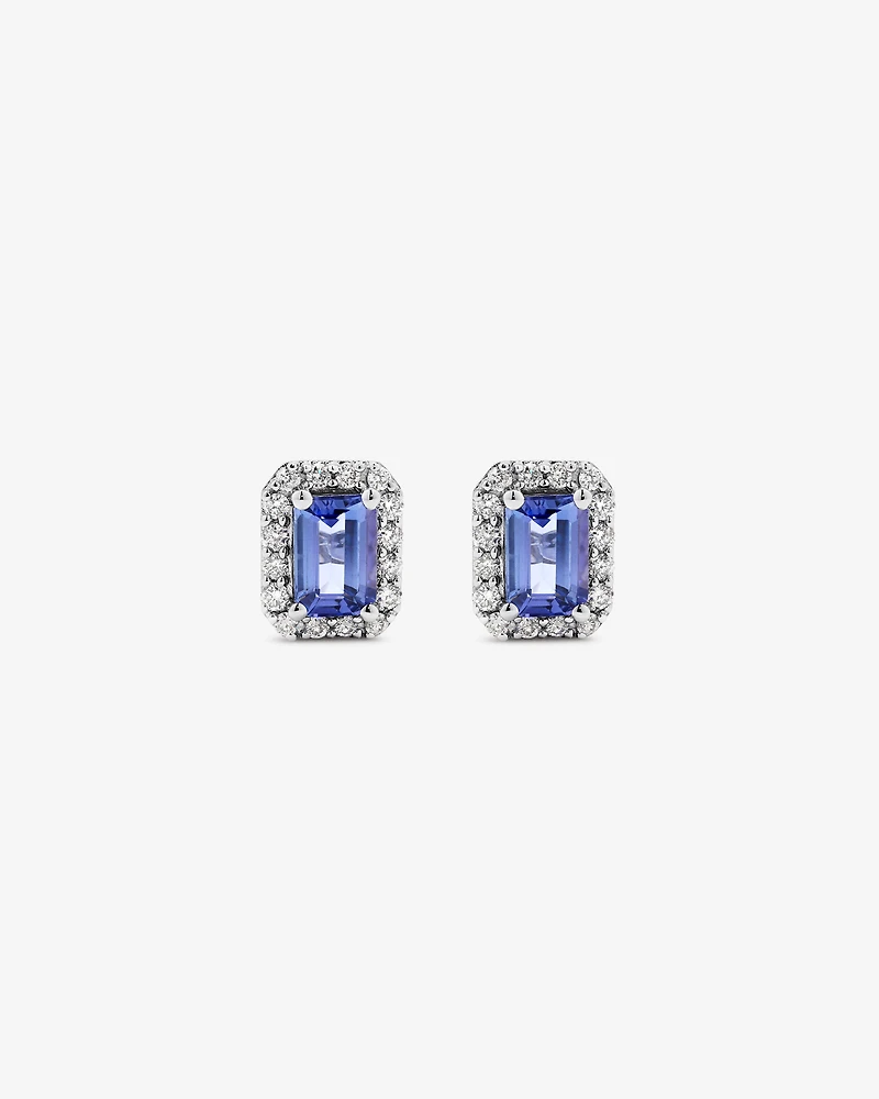 Emerald Cut Blue Tanzanite Gemstone and 0.25Carat TW Diamond Halo Stud Earrings in 14kt White Gold