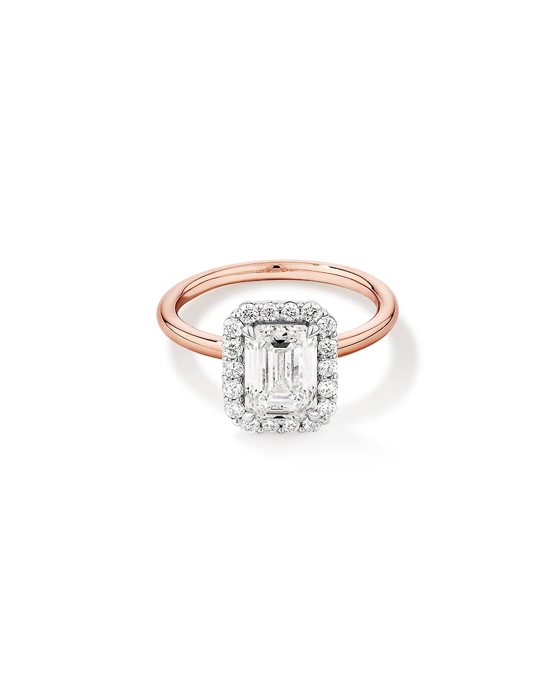 2.34 Carat TW Emerald Cut Laboratory-Grown Diamond Halo Engagement Ring in 14kt Rose and White Gold