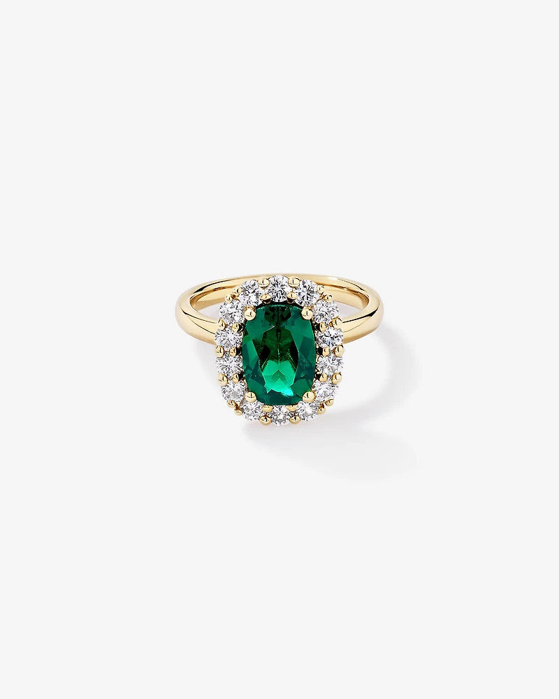 Created Emerald & 0.96 Carat TW Laboratory-Grown Diamond Halo Ring 10kt Gold