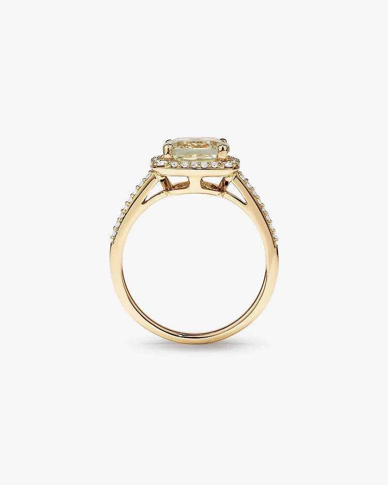 Bague Halo Avec Pierre Précieuse Améthyste Verte Taille Coussin Et 0,25 Carat Pt De Diamants En Or Jaune 10 Ct