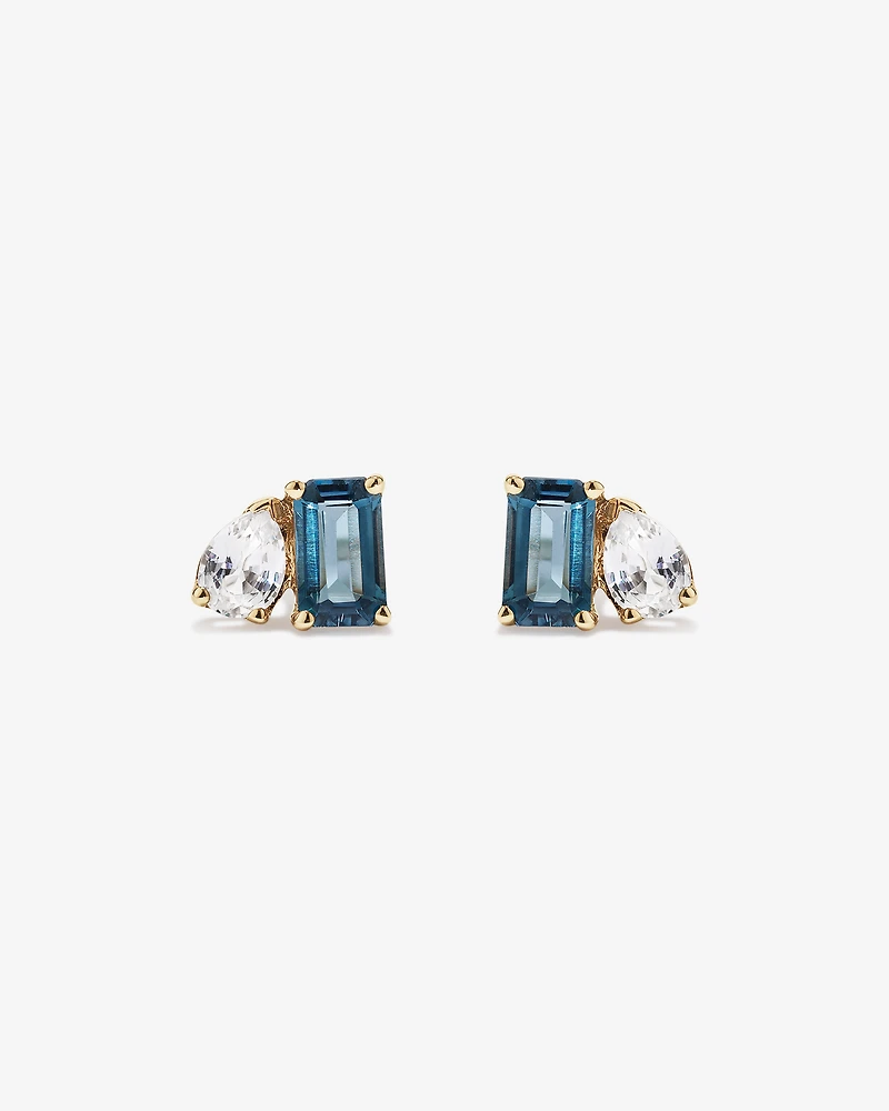 Pear-Cut White Sapphire and Emerald-Cut London Blue Topaz Toi Et Moi  Earrings in 10kt Yellow Gold