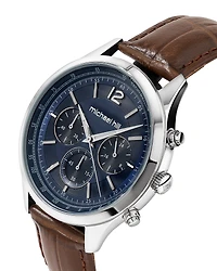 Montre chronographe en acier inoxydable et en cuir brun pour homme