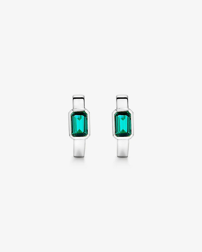 Created Emerald Bezel Huggie Earrings in 10kt White Gold