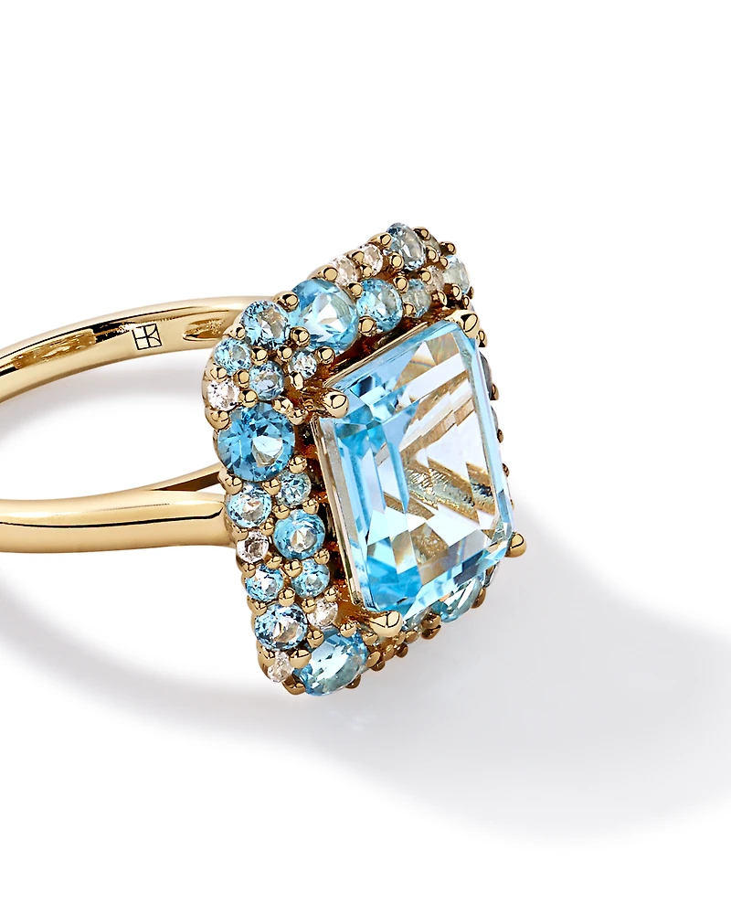 Sky Blue, London Swiss Blue & White Topaz Halo Ring 10kt Yellow Gold