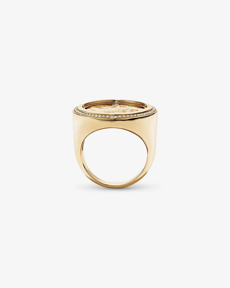 Bague médaillon Full Sovereign avec diamants totalisant 0,30 carat en or jaune 10kt et 22kt