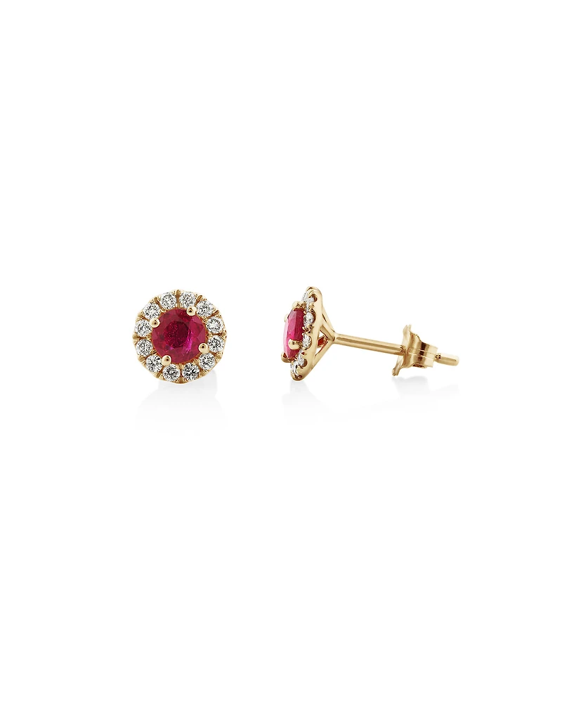 Halo Stud Earrings with Natural Ruby & 0.28 Carat TW of Diamonds in 10kt Yellow Gold