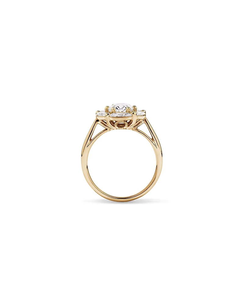 Bague ovale TW de 2,68 carats et halo en diamant cultivée par Marquise Laboratory, or blanc 14kt