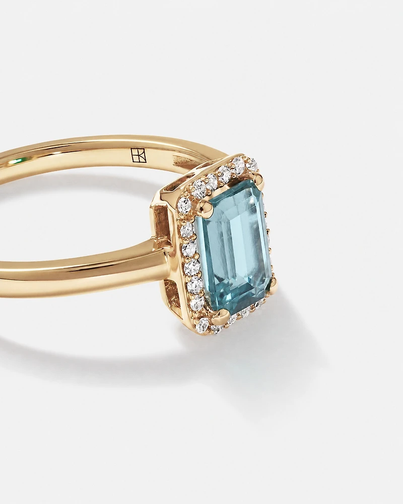 Emerald Cut Blue Topaz and Diamond Halo Ring 10kt Yellow Gold