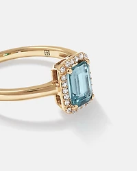 Emerald Cut Blue Topaz and Diamond Halo Ring 10kt Yellow Gold