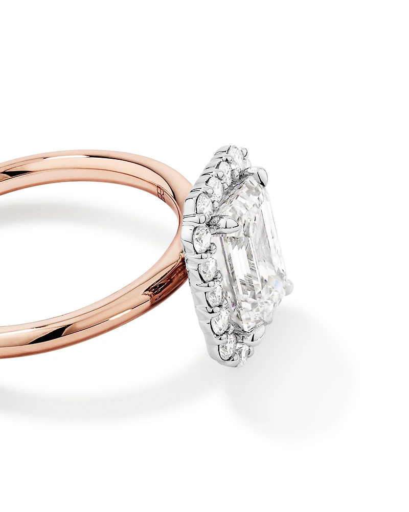 2.34 Carat TW Emerald Cut Laboratory-Grown Diamond Halo Engagement Ring in 14kt Rose and White Gold