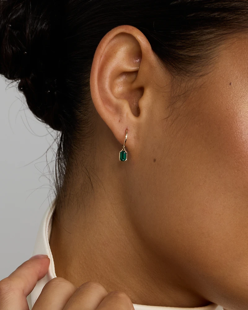 Created Emerald Gemstone Drop Hoop Earrings in 10kt Yellow Gold