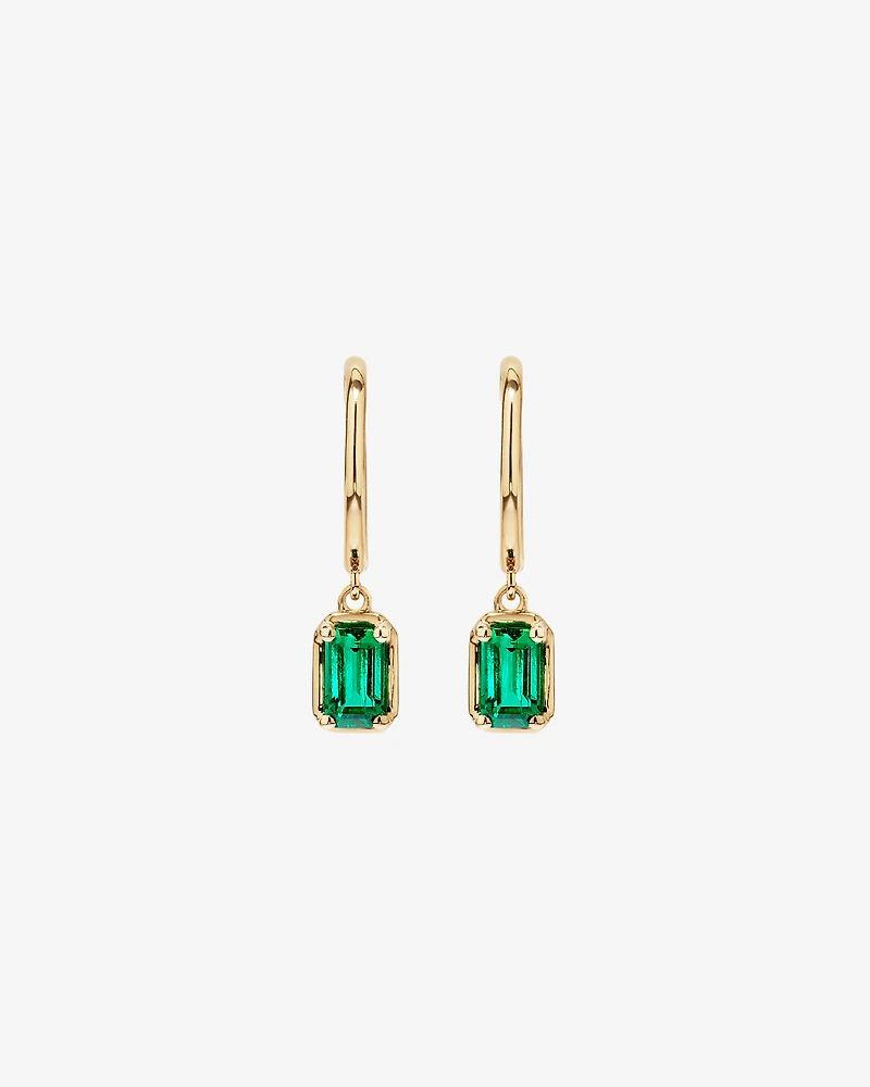Created Emerald Gemstone Drop Hoop Earrings in 10kt Yellow Gold