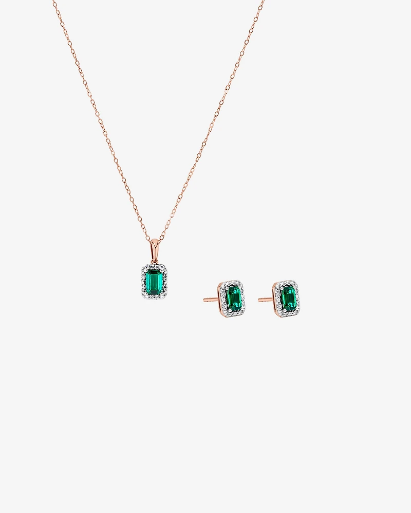 Created Emerald & 0.10 Carat TW Laboratory-Grown Diamond Halo Ring in 10kt Rose Gold and Rhodium