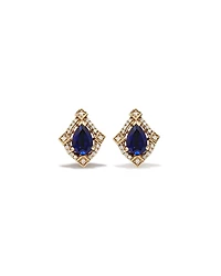 Boucles d'oreilles clous halo en or jaune 10 kt avec saphir créé taille poire et diamants