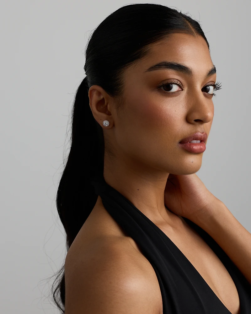 Round Brilliant Cubic Zirconia Halo Stud Earrings in Sterling Silver