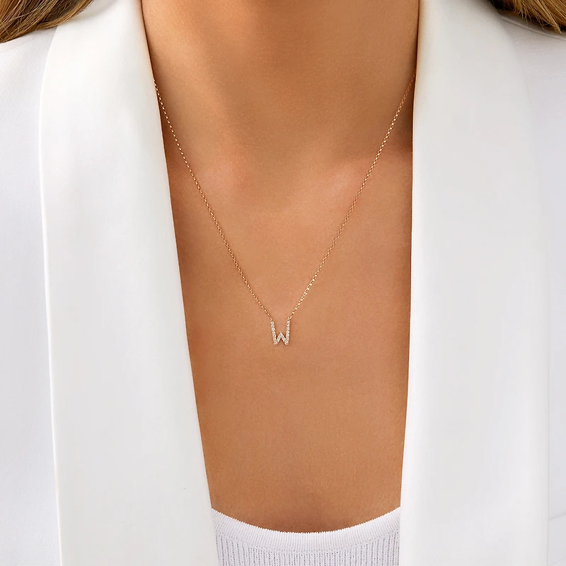 "W" Initial Necklace with 0.10 Carat TW of Diamonds in 10kt Yellow Gold