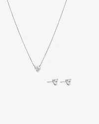 Cubic Zirconia Heart Stud Earrings and Necklace Set in Sterling Silver