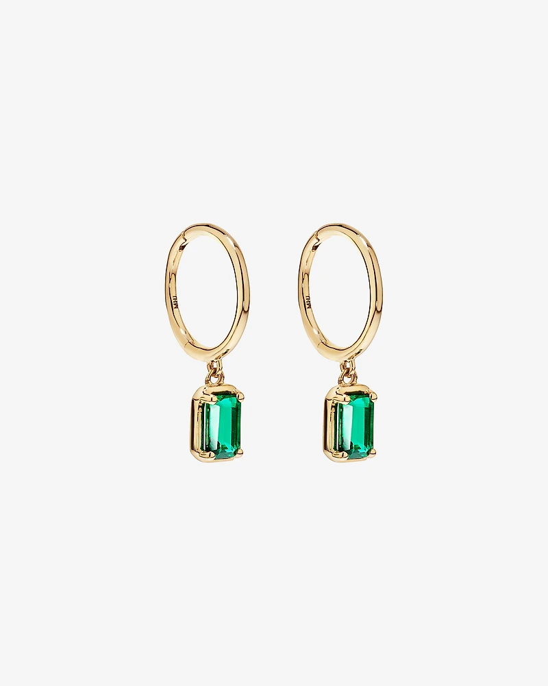 Created Emerald Gemstone Drop Hoop Earrings in 10kt Yellow Gold
