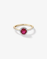 Round Cut Red Created Ruby and Lab-Grown Diamond Halo Ring in 10kt Yellow Gold and Rhodium