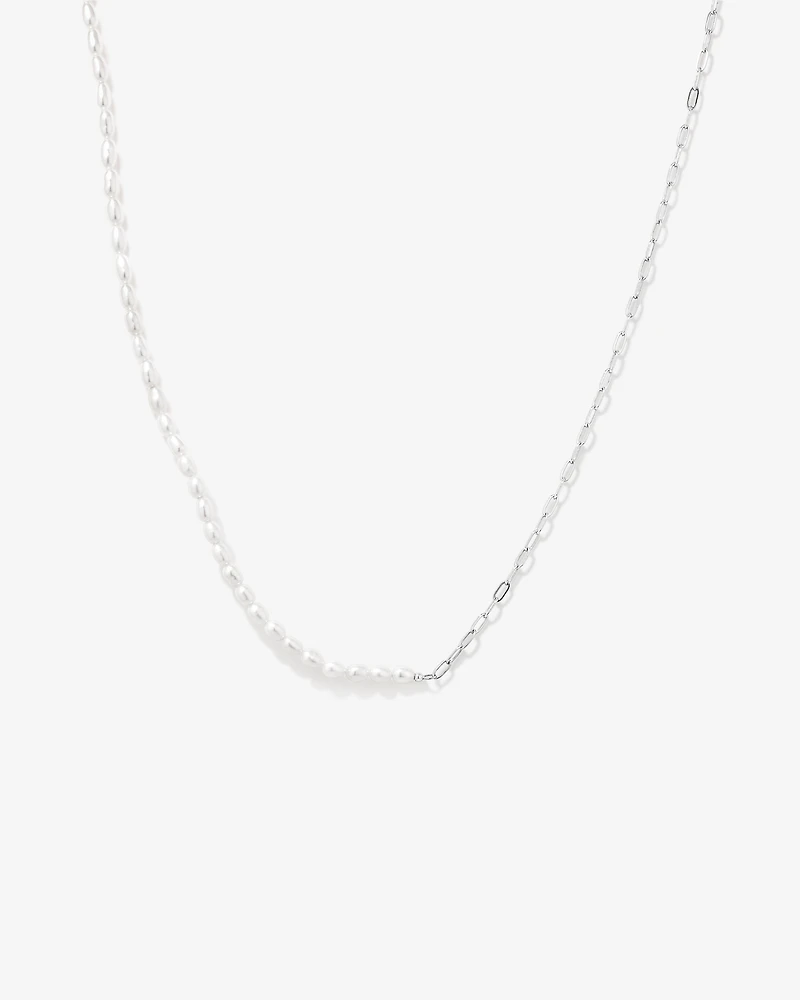Half Cultured Freshwater Pearl Half Paperclip Chain Necklace in Sterling Silver