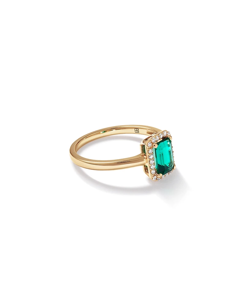 Emerald Cut Green Created Emerald Gemstone and Diamond Halo Ring in 10kt Yellow Gold