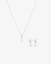 Oval Cultured Freshwater Pearl Dome Drop Stud Earrings and Pendant Necklace Set in Sterling Silver
