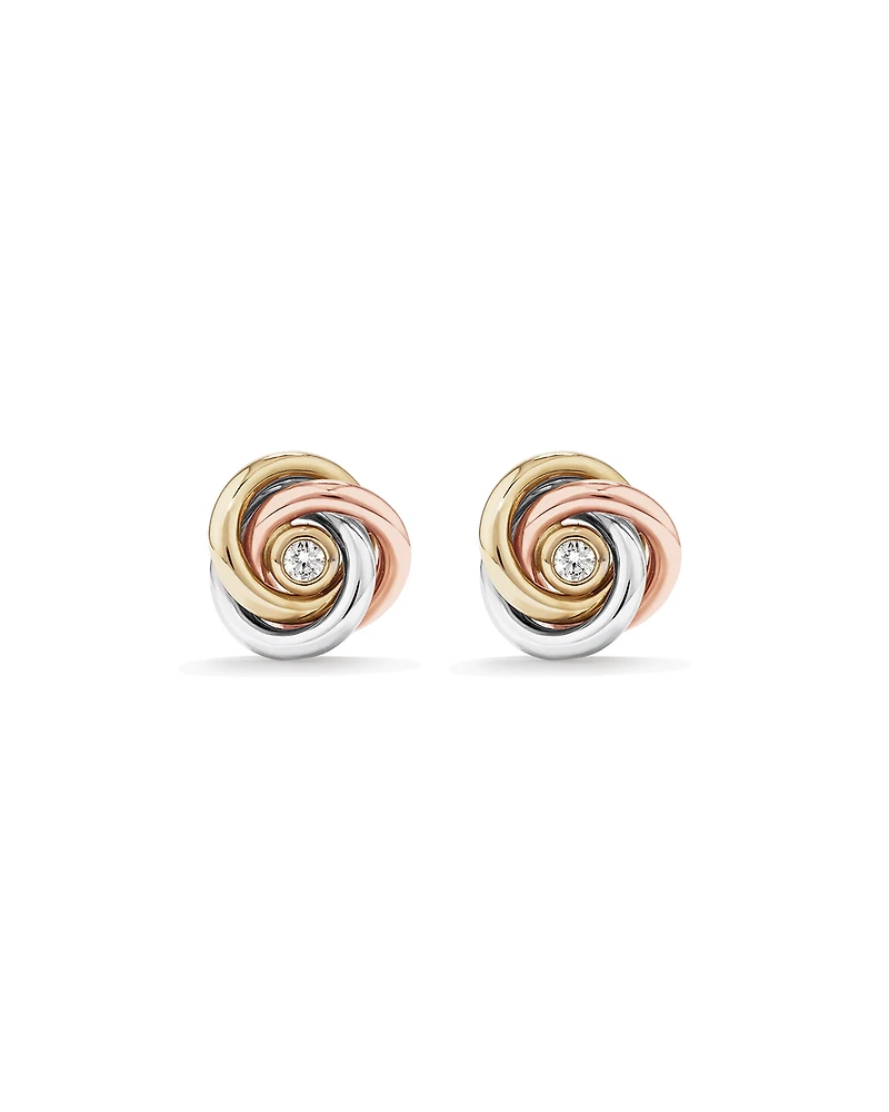 Diamond Accent Tri Tone Knot Stud Earrings in 10kt Yellow, Rose and White Gold