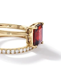 Emerald Cut Garnet with 0.25 Carat TW of Diamonds Double Band Ring in 10kt Yellow Gold